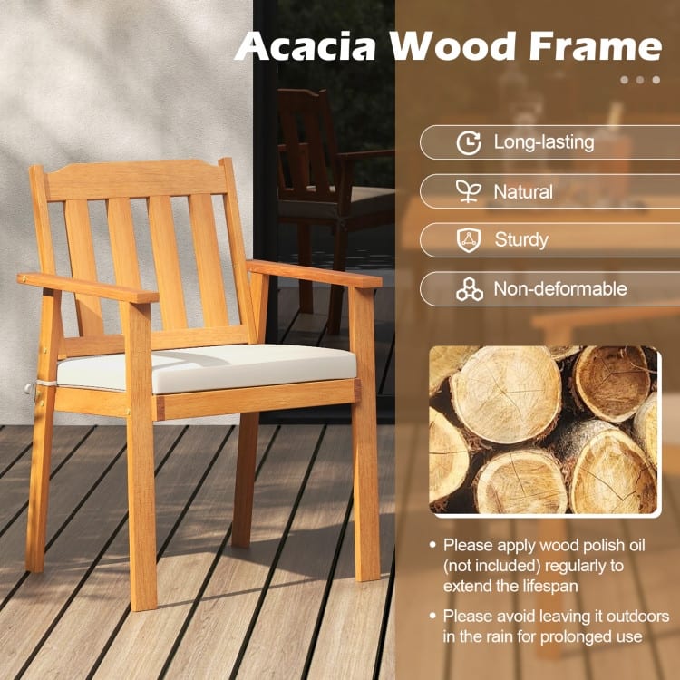 Natural-White Acacia Wood Patio Dining Chairs Set of 2 with Padded Cushions - 22.5" x 23" x 34"(L x W x H)