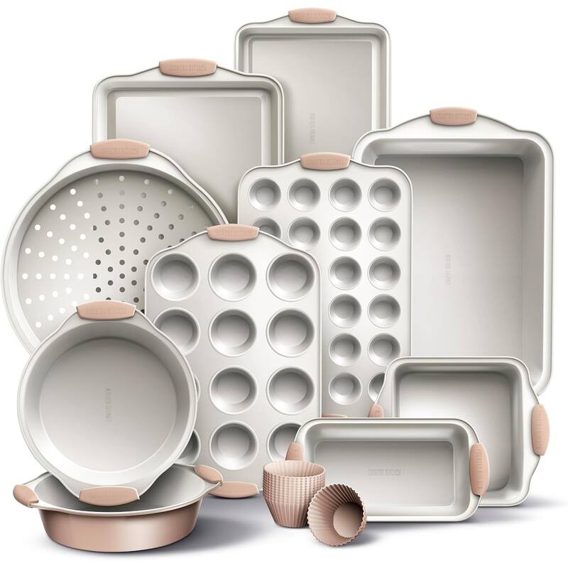 Country Kitchen Nonstick Stackable Bakeware Set - Durable, Easy Release Baking Set- 22 Pc. Includes Silicone Muffin Cups - Taupe 