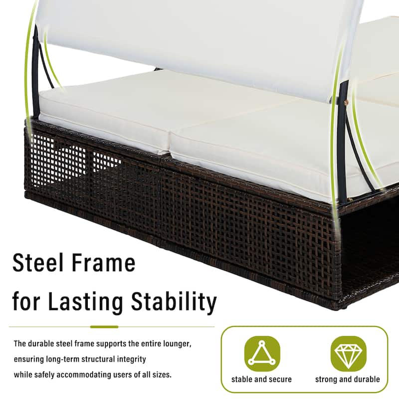 Outdoor Steel Frame Sun Lounger with Adjustable Backrest,Patio Double Sunbed