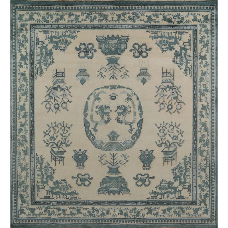 Art Deco Indian Square Area Rug Handmade Wool Carpet - 8'0" x 8'0"