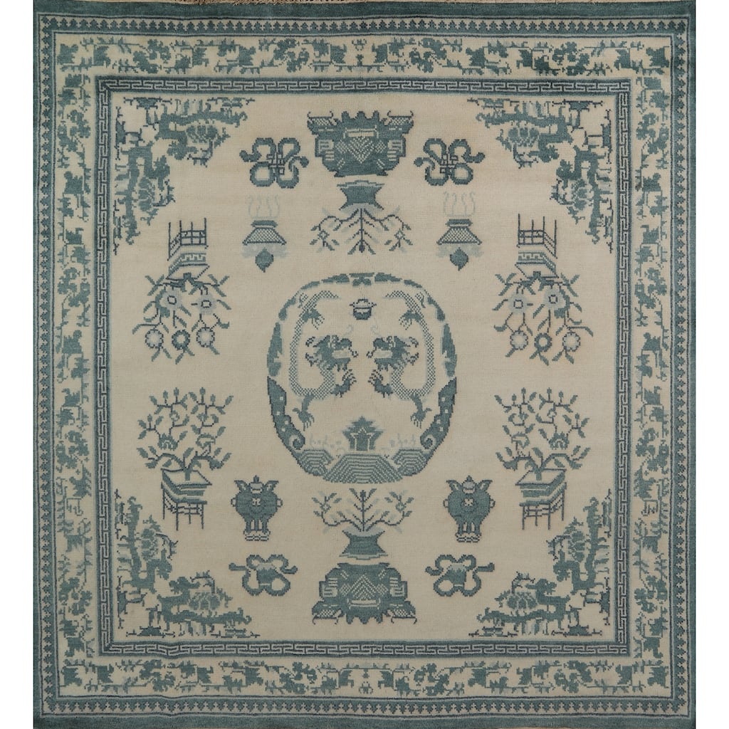 Art Deco Indian Square Area Rug Handmade Wool Carpet - 8'0" x 8'0"