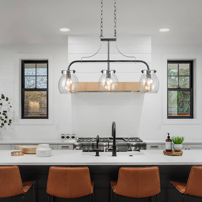 Modern Farmhouse 3-Light Linear Chandelier Seeded Glass Island Lights for Dining Room - L25"x W 5"x H 14"