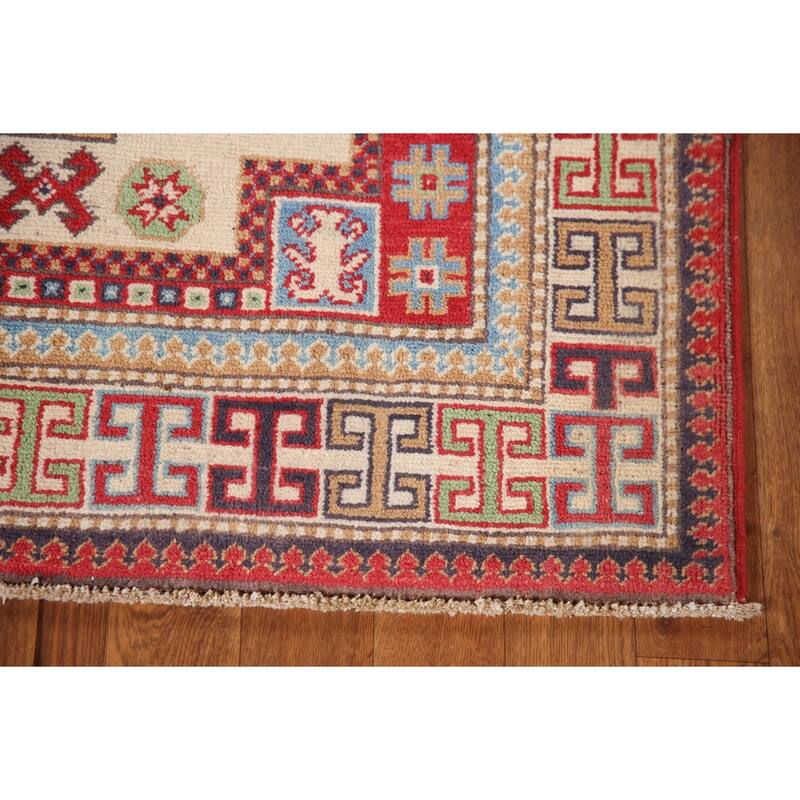 Geometric Beige Kazak Oriental Accent Rug Handmade Wool Carpet - 3'1"x 4'8"
