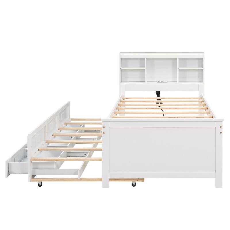 Platform Bed with Storage Headboard, USB, Twin Size Trundle and 3 Drawers