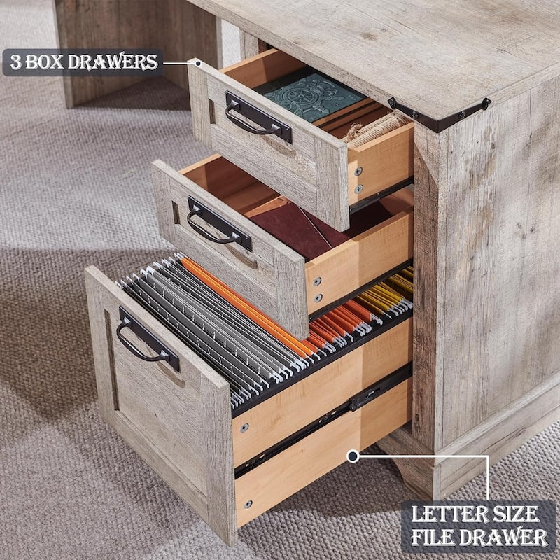 Farmhouse L Shaped Desk with Hutch, Wood Desk with Charging Station
