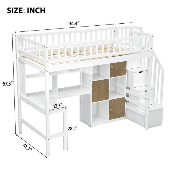 dimension image slide 1 of 2, Twin Size Loft Bed with Built-in Desk and Shelves, Kids Teens Storage Bed Frame with Cabinets and Staircase