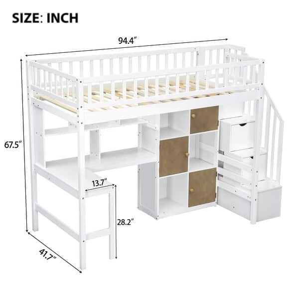 dimension image slide 0 of 2, Wooden Loft Bed Twin Size High Loft Bed with Light, Cabinets and Storage Shelves, All-in-One Bed Frame with Staircase and Desk