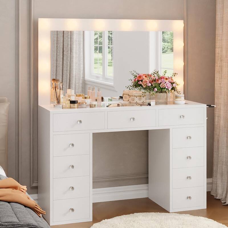 White Vanity with LED Mirror, 11 Drawers, Glass Top & Charging Station