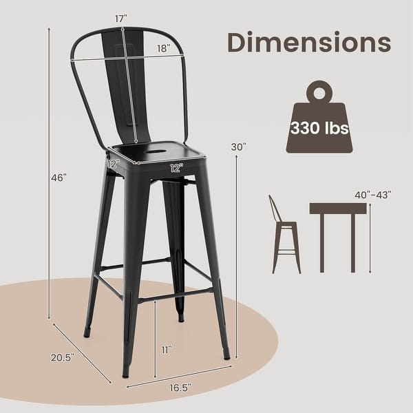 dimension image slide 1 of 2, Costway Set of 4 High Back Metal Stool 30'' Seat Bar Height Industrial