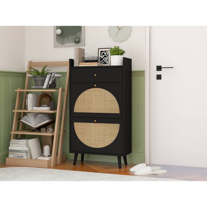 Entryway Shoe Storage Cabinet, Freestanding Rattan Shoe Rack, Shoe Organizer with 2 Flip Drawers & 1 Pull-Out drawer