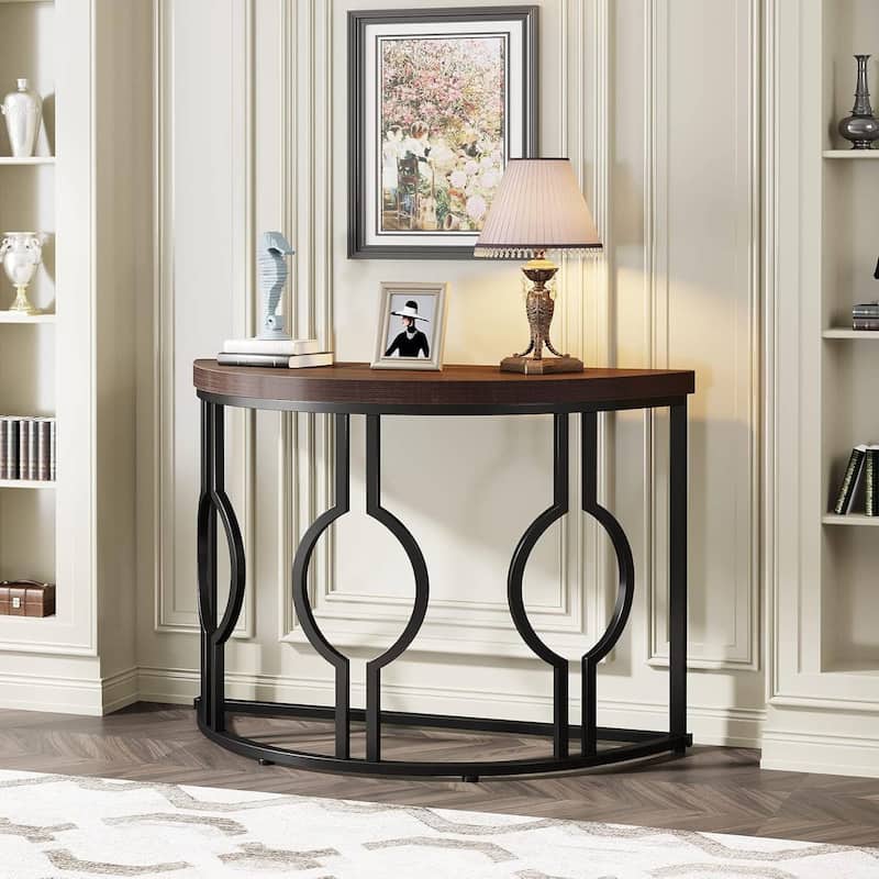 Wood Metal Half Moon Accent Sofa Table with Retro Finish Frame - 13.77"W x 43.3"L x 31.49"H