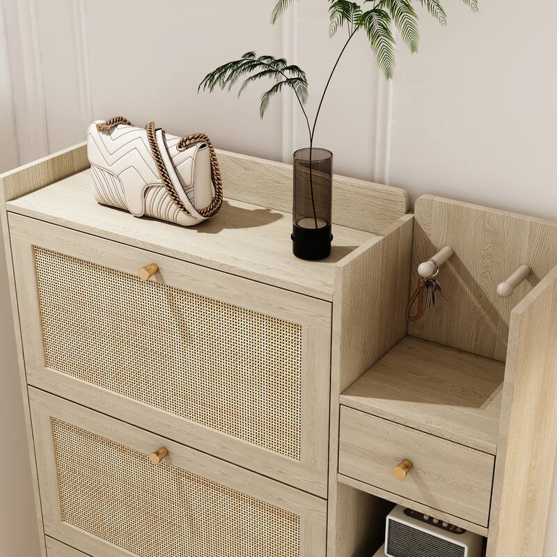 Boho-Inspired Shoe Organizer Rack Cabinet with 3 Rattan Flip Storage Drawers, 3 Shelves, and Hooks for Hallway, Entryway