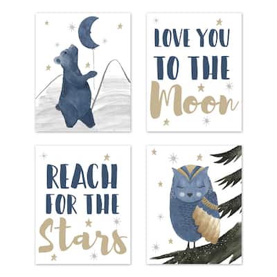 Bear and Owl Collection Wall Decor Art Prints (Set of 4) - Navy Blue Grey Gold Black Celestial Moon Star Watercolor Forest