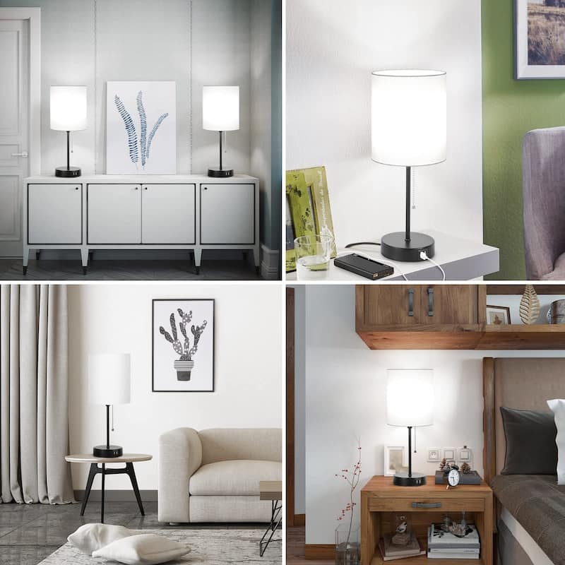 Table Lamps Set of 2 with USB Charging Ports, White Bedside Lamps with AC Outlet, Nightstand Lamps with Pull Chain Switch