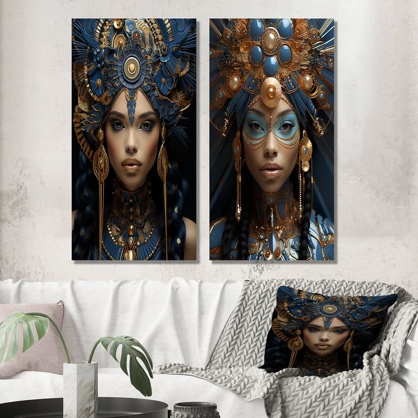 slide 2 of 7, Designart "Gold & Black Queen Nefertiti Of Egypt Portrait IV" Woman African American Canvas Set Of 2 - Modern Wall Art