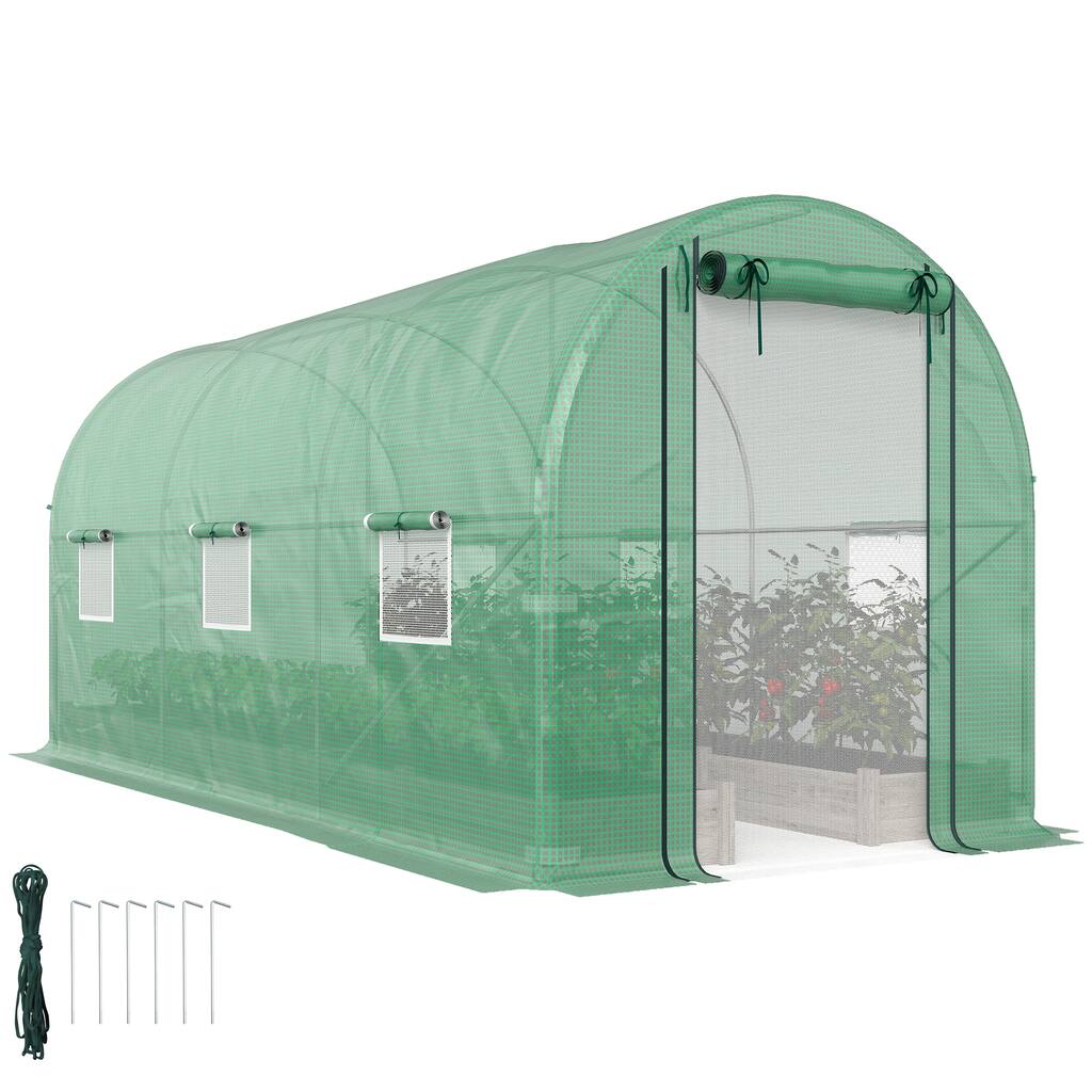 Outsunny Walk-In Tunnel Greenhouse – 6.5'x6.5'x6.5' Green With Roll-Up Door & Sidewalls, Galvanized Steel Frame