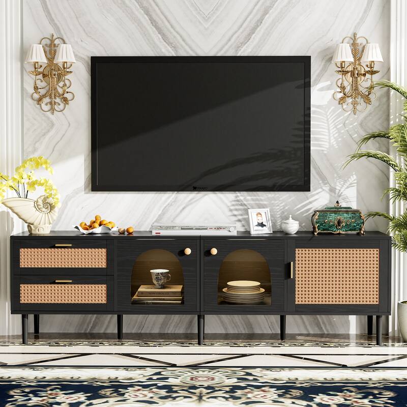 Modern Media Console with Rattan Design, LED Lights & Storage for TVs up to 80" - Living Room & Bedroom TV Stand