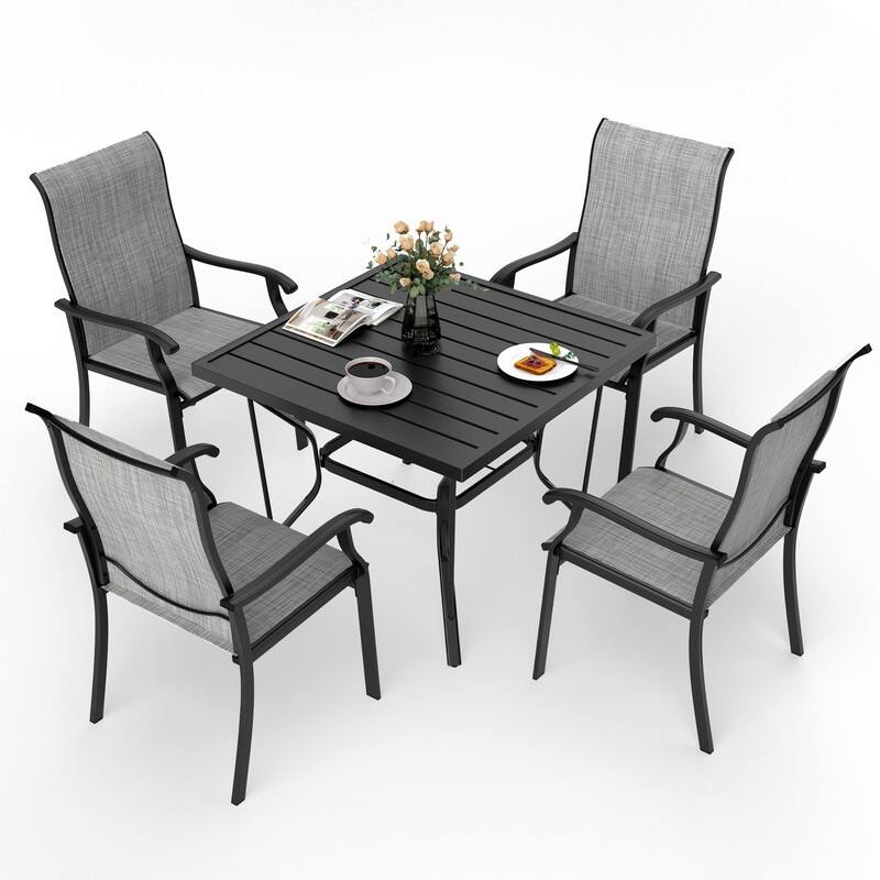 5-Piece Metal Outdoor Patio Dining Set with 4 Textilene Chairs and Square Table - Grey