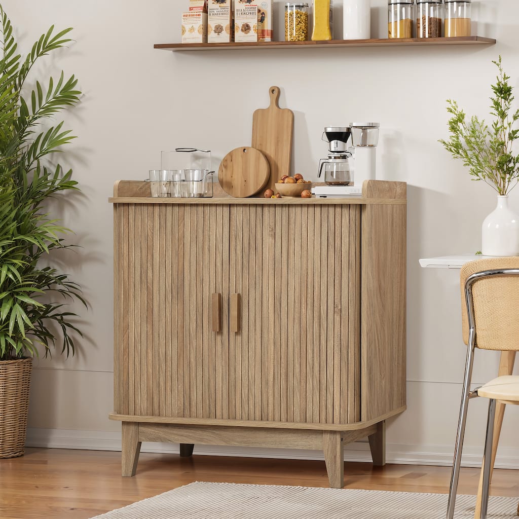 Mid-Century Modern Tambour-Style 2-Door 31.5-Inch Wide Cabinet with Tray Top, Oak - 33.1" H x 31.5" W x 15.7" D