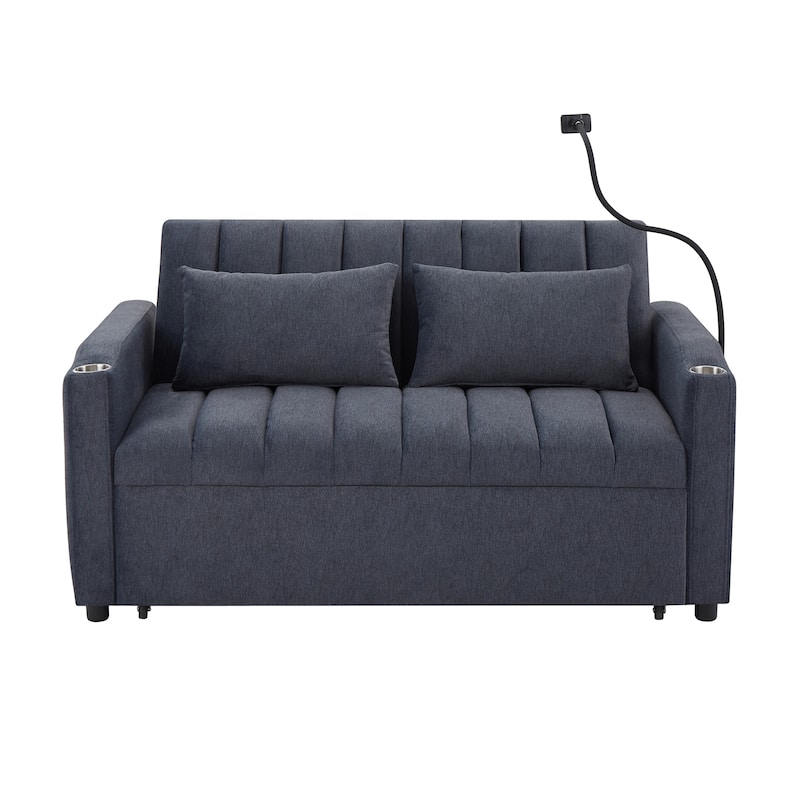 Anmytek 56 Inch Blue Grey Convertible Sofa Bed Loveseat with USB Ports Cup Holders and Swivel Phone Holder