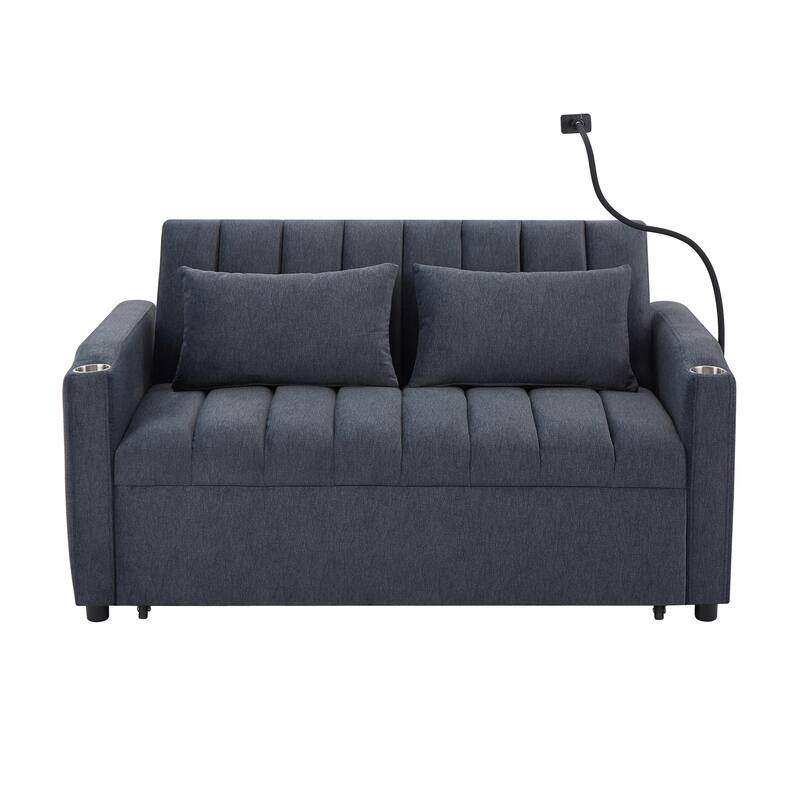 Modern Convertible Sofa Bed with 3 USB Ports, 2 Side Pockets, 2 Cup Holders and Phone Holder for Living Room and Apartment
