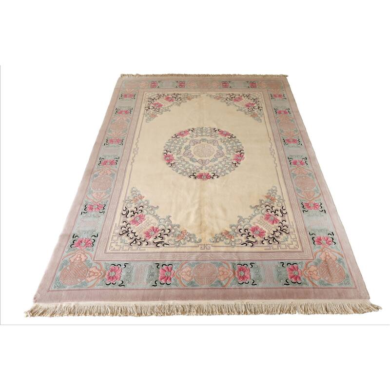9'6''x14 Hand Knotted Wool IvoryPlush Pile Aubusson Savonnerie Traditional Rug - 9' 6'' x 14'