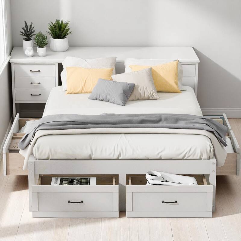 Full/Queen Platform Bed with 6 Storage Drawers, Modern Wood Frame with Slats, No Box Spring Needed