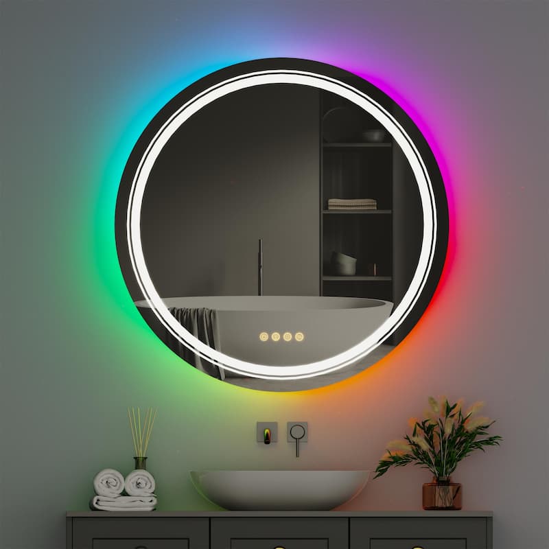 RGB LED Bathroom Mirror Anti Fog Dimmable Dual Lighting Touch Memory - 24"x 24" Round