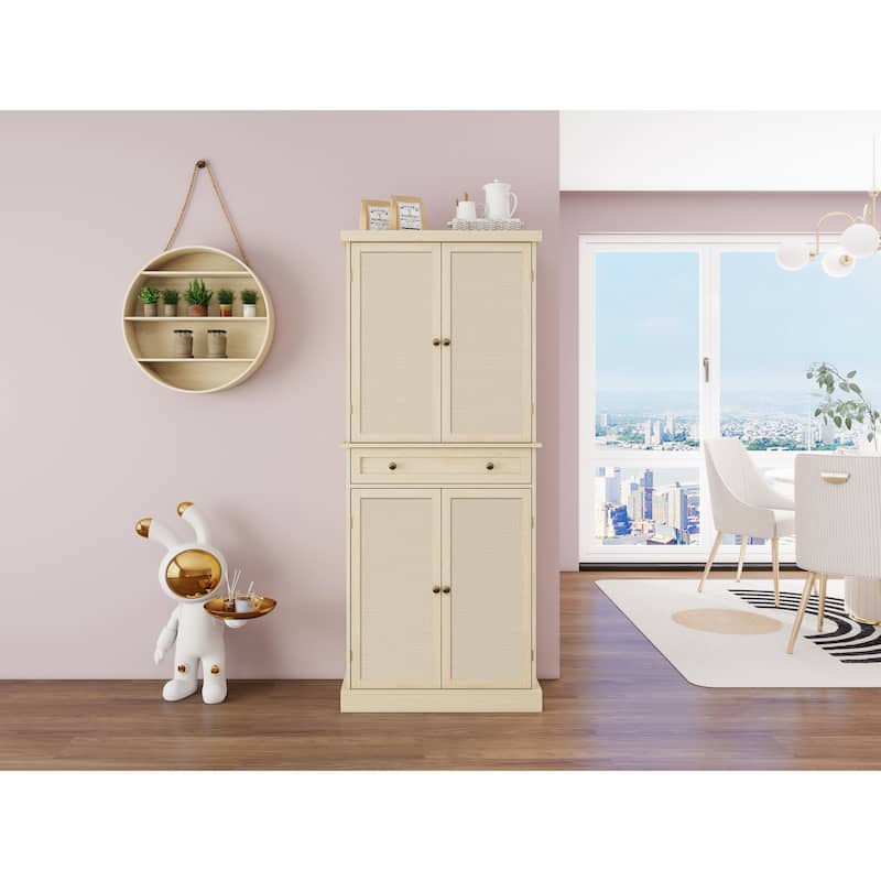 Pantry Cabinet with 4 Rattan Doors & 1 Drawer, Buffet Cabinet with Adjustable Shelves, Freestanding Wooden Storage Cabinet
