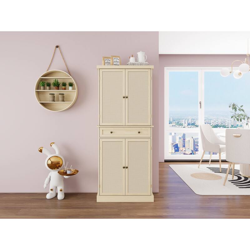 Roomfitters 4 Door Storage Cabinet with 1 Drawer, Adjustable Shelves Pantry Cupboard for Living Room, Natural