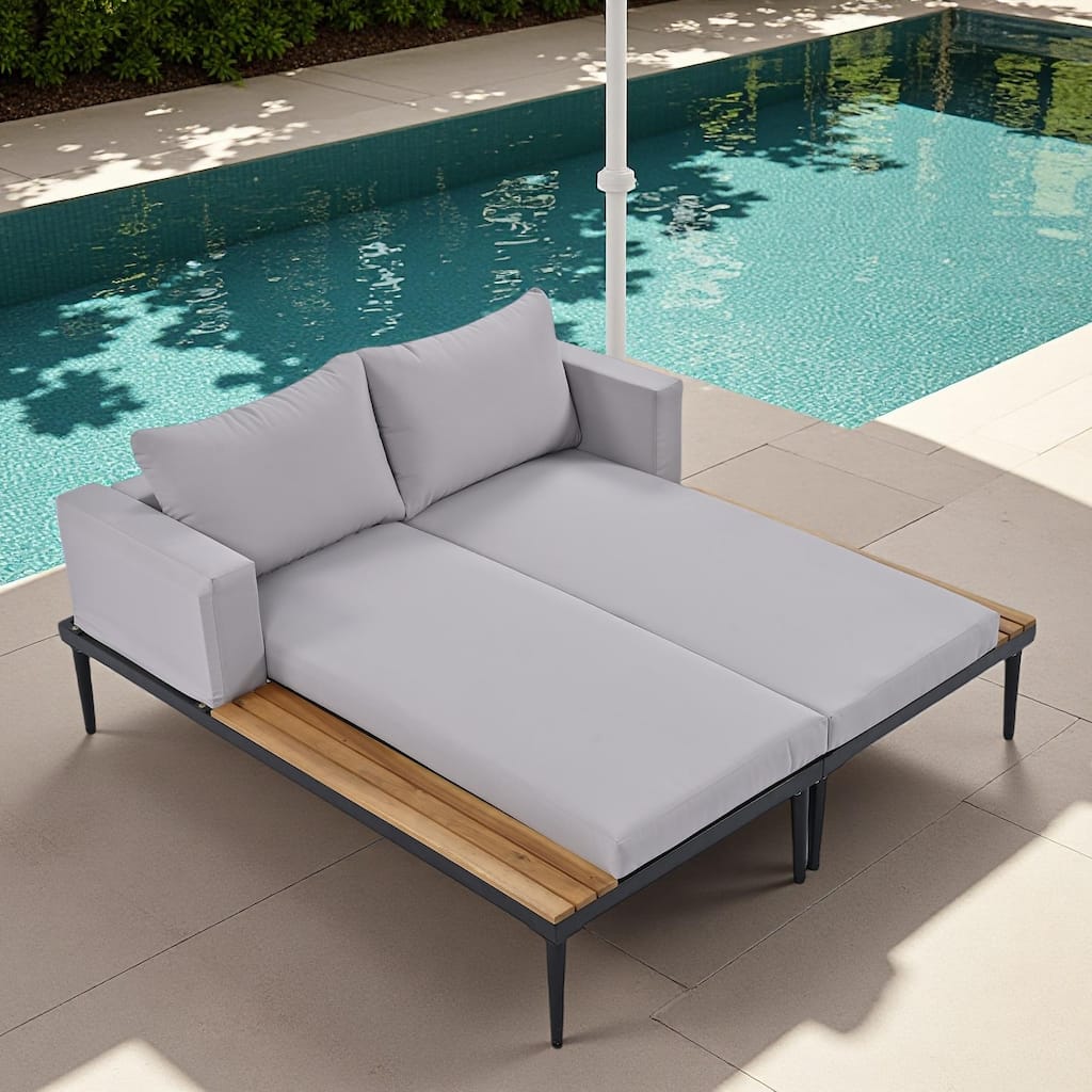 2-Piece Outdoor Patio Metal Padded Daybed with Wood Topped
