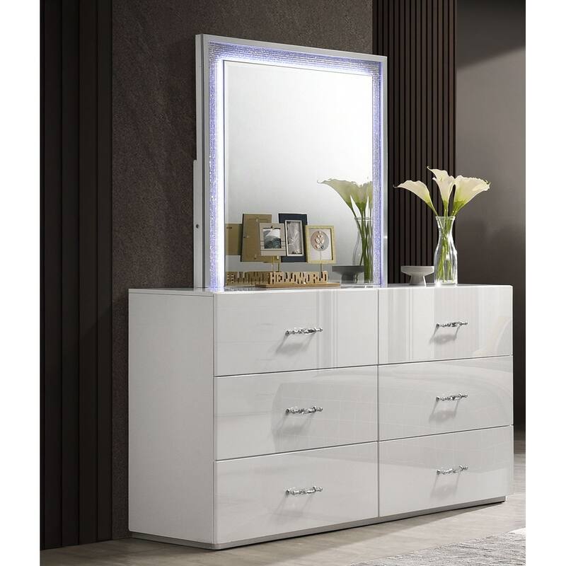 Modern White Finish High-Gloss Bedroom Furniture Set LED Headboard Bed Dresser Mirror Nightstand