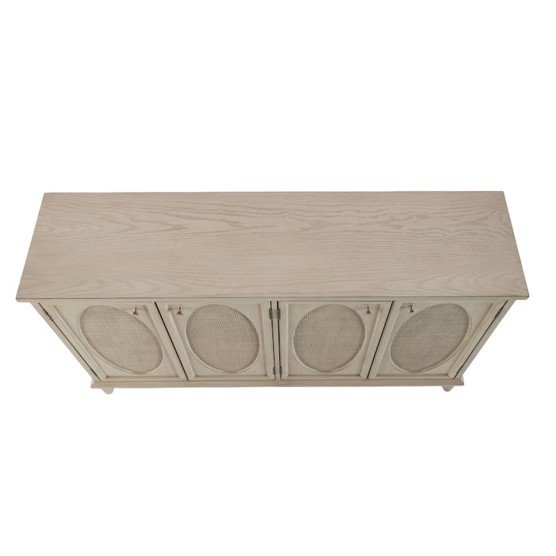 Wooden Geometric Washed Oval Rattan Front 4 Door Sideboard with Round Silver Knobs - Light Gray - Roche River Decor