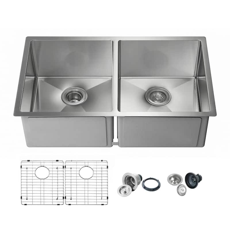 33 Inch Handcrafted Undermount Double Bowl Real 16 gauge Stainless Steel Kitchen Sink with Strainers and Grids - Double Equal Bowls