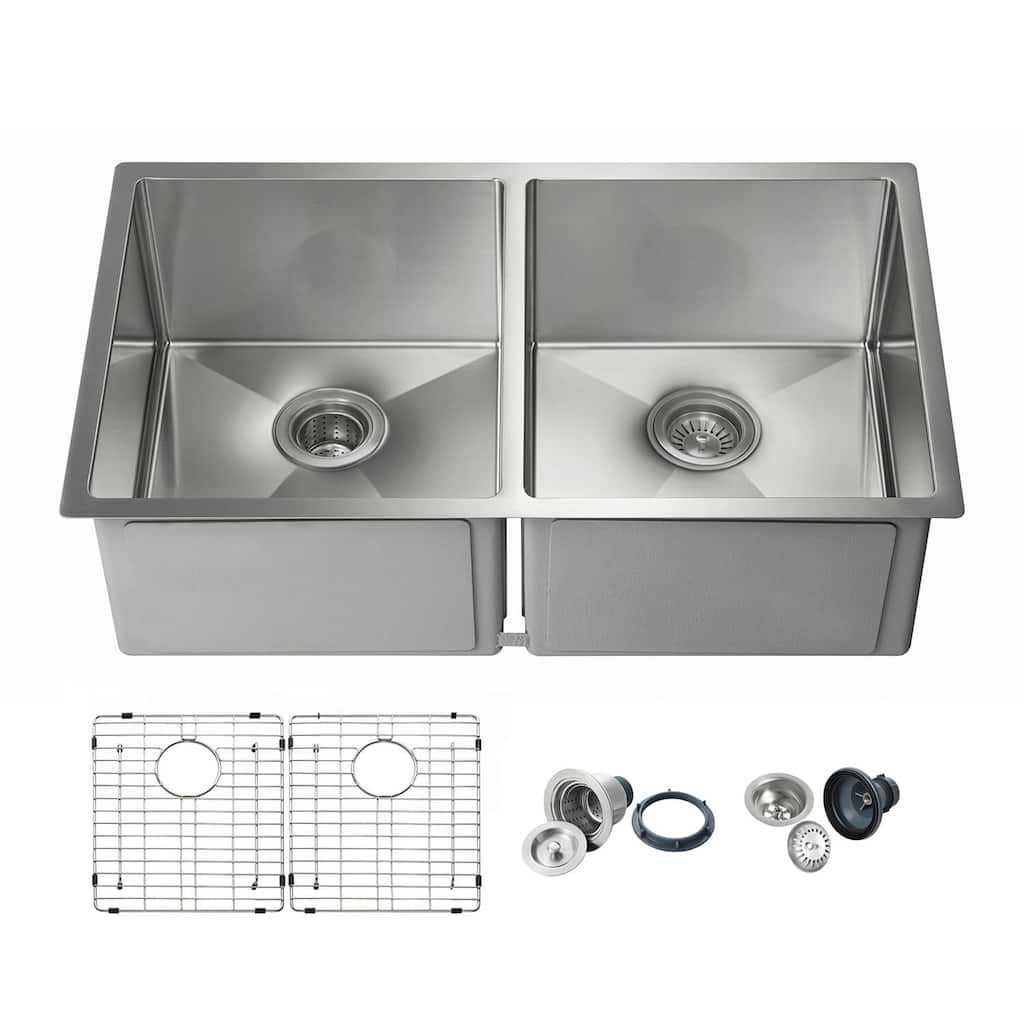 33 Inch Handcrafted Undermount Double Bowl Real 16 gauge Stainless Steel Kitchen Sink with Strainers and Grids