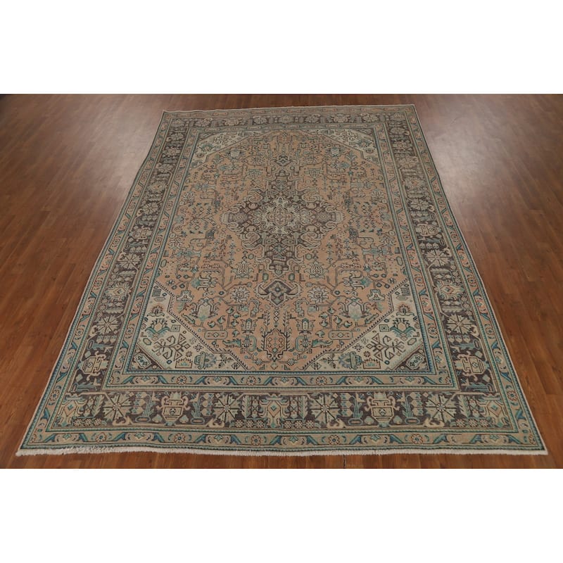 Geometric Tabriz Persian Vintage Rug Handmade Peach Wool Carpet - 7'10" x 10'11"