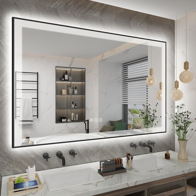 KIOTEE Metal Frame Frontlit & Backlit Anti-Fog Tempered Glass Bathroom Vanity Mirror Wall Mirror with ETL and 3-Year Warranty - 55x36