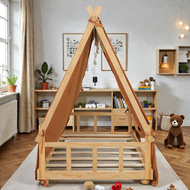 Twin/Full House Bed with Detachable Tent and Skylight, Kids Cabin Bed with Canopy, Light, and Forest-Themed Accents