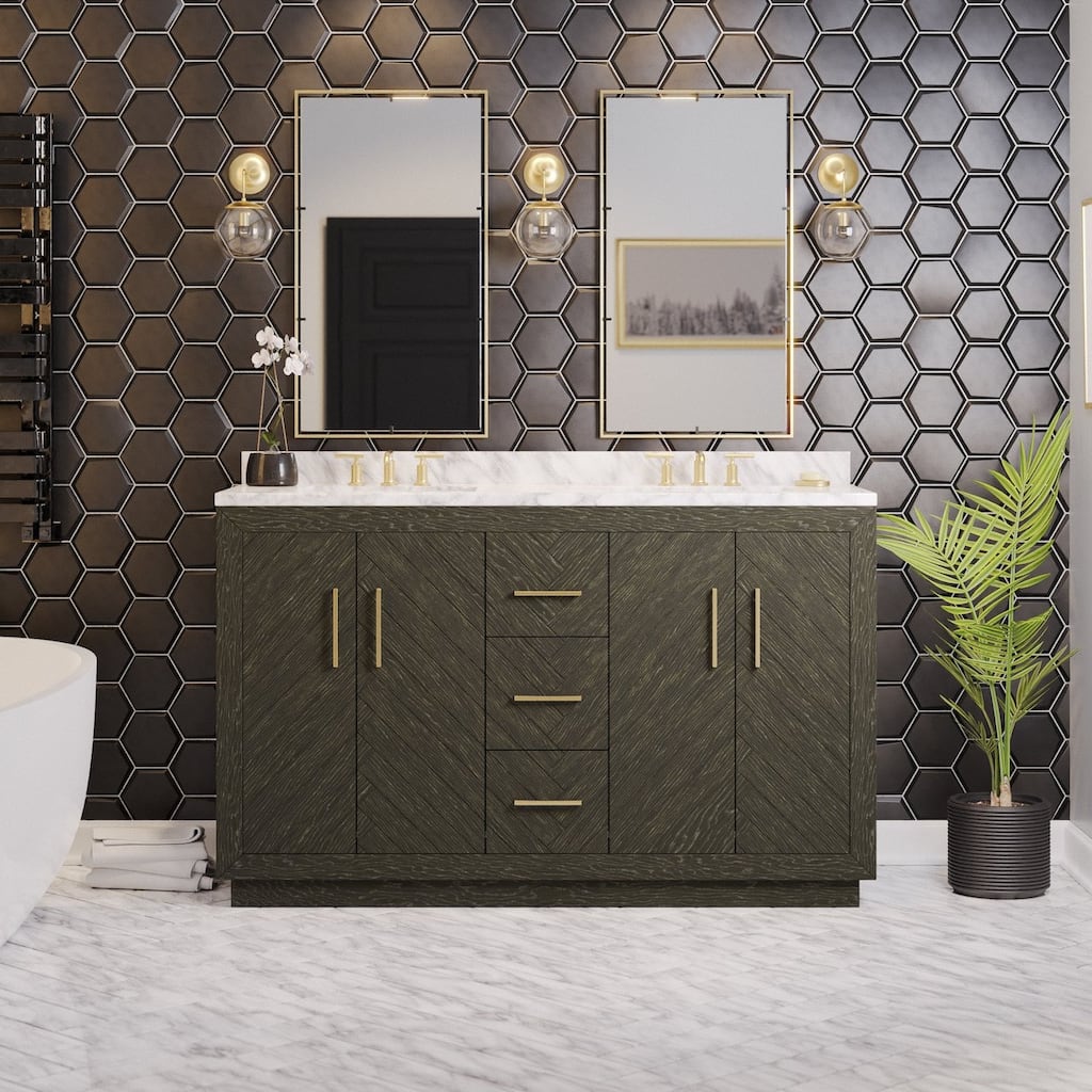 KitchenBathCollection Peyton 60" Double Bathroom Vanity with Carrara Marble Top