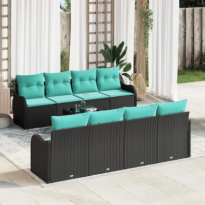 vidaXL 9 Garden Sofa Set with Cushions Black Poly Rattan - 90.9 x 24.4 x 27.2