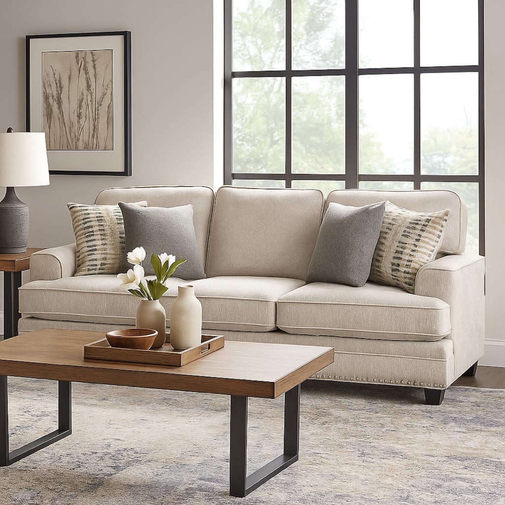 Brady Sofa with 4 Pillows, Sand Brown Chenille, Nailhead Trim, 92 Inch