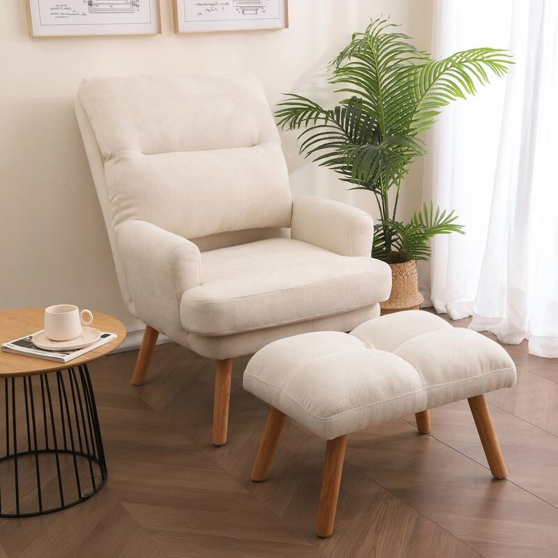 Mid Century Modern Accent Chair with Ottoman Set,Wood Legs and Adjustable Backrest - Beige