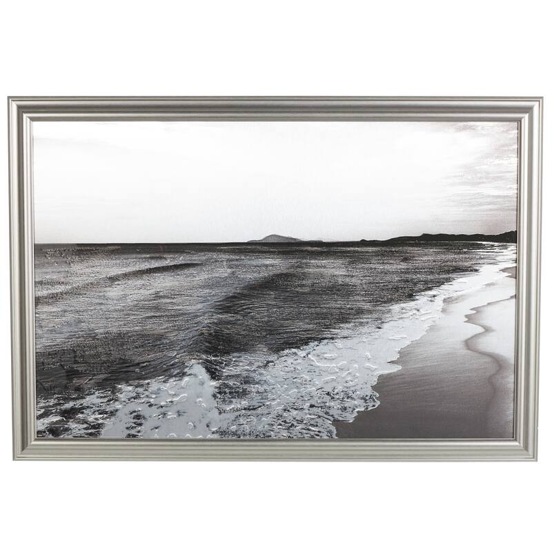 Silver Polystone Textured Ocean Landscape Wall Art with Black and White Accents