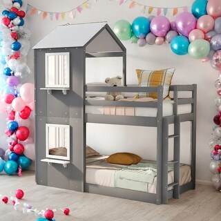 Modren Twin Over Twin Wood Bunk Bed With Roof,Window,Guardrail And Ladder