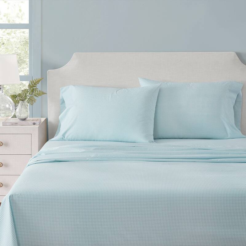 Martha Stewart Printed Cotton Percale Sheet Set - Small Gingham Blue - Full