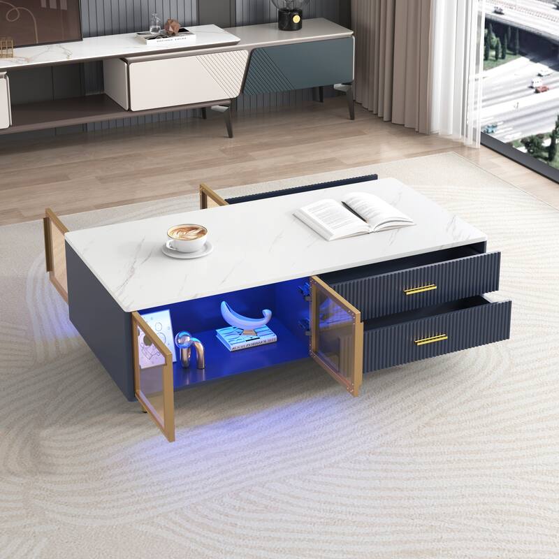 Modern 47.2" Coffee Table with 2 Glass Door Storage, 4 Drawers, Wooden Decorative Cocktail Table with Gold Metal Legs
