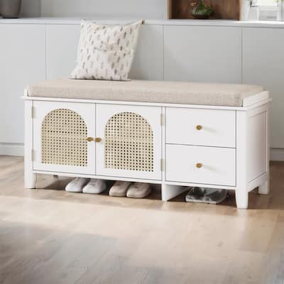 Wood Shoe Storage Bench with Cushion,2 Drawers and 2 Rattan Door