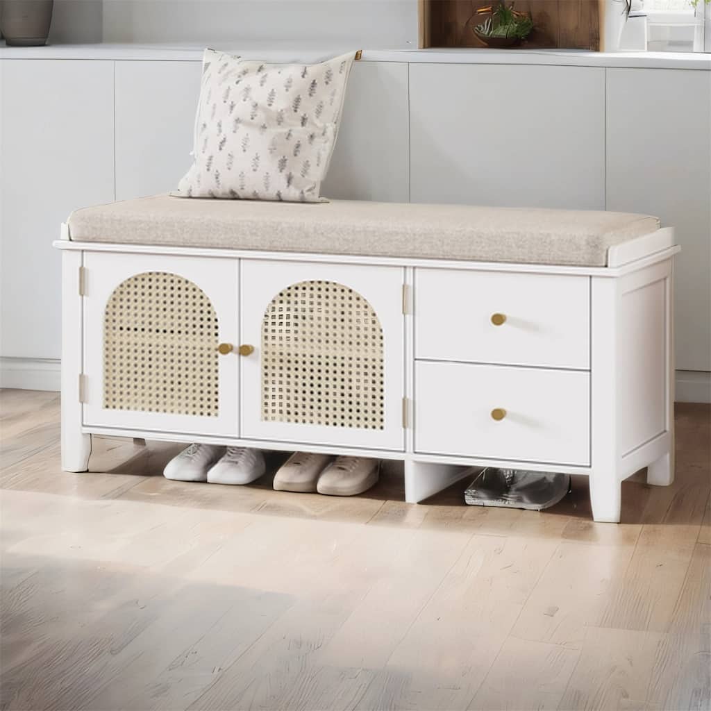 Wood Shoe Storage Bench with Cushion,2 Drawers and 2 Rattan Door