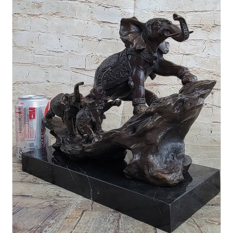 Signed Bologna Indian Mother Elephant And Calves Bronze Sculpture Home Decor Art