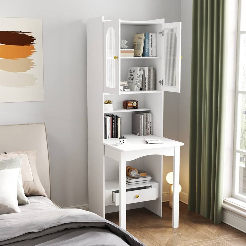 Fold-Out Convertible Desk Cabinet with Shelf and Drawer for Multi-Function Home Office Workstation